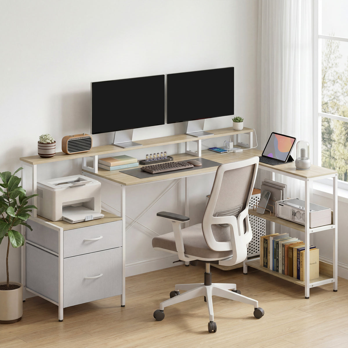 Bureau d'angle avec prises et lumières LED RGB, bureau d'ordinateur, 172 x 100 cm, support d'écran, 2 tiroirs, blanc