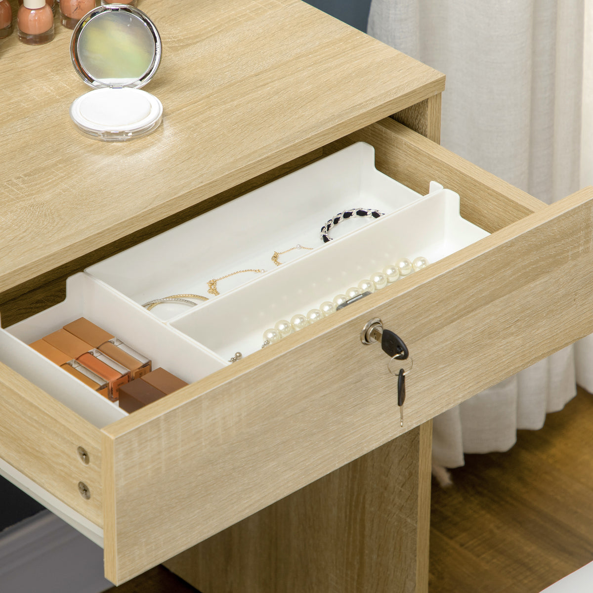 Kaptafelset met make-uptafel, gestoffeerde kruk, grote spiegel, meerdere open planken + 4 lades, naturel hout