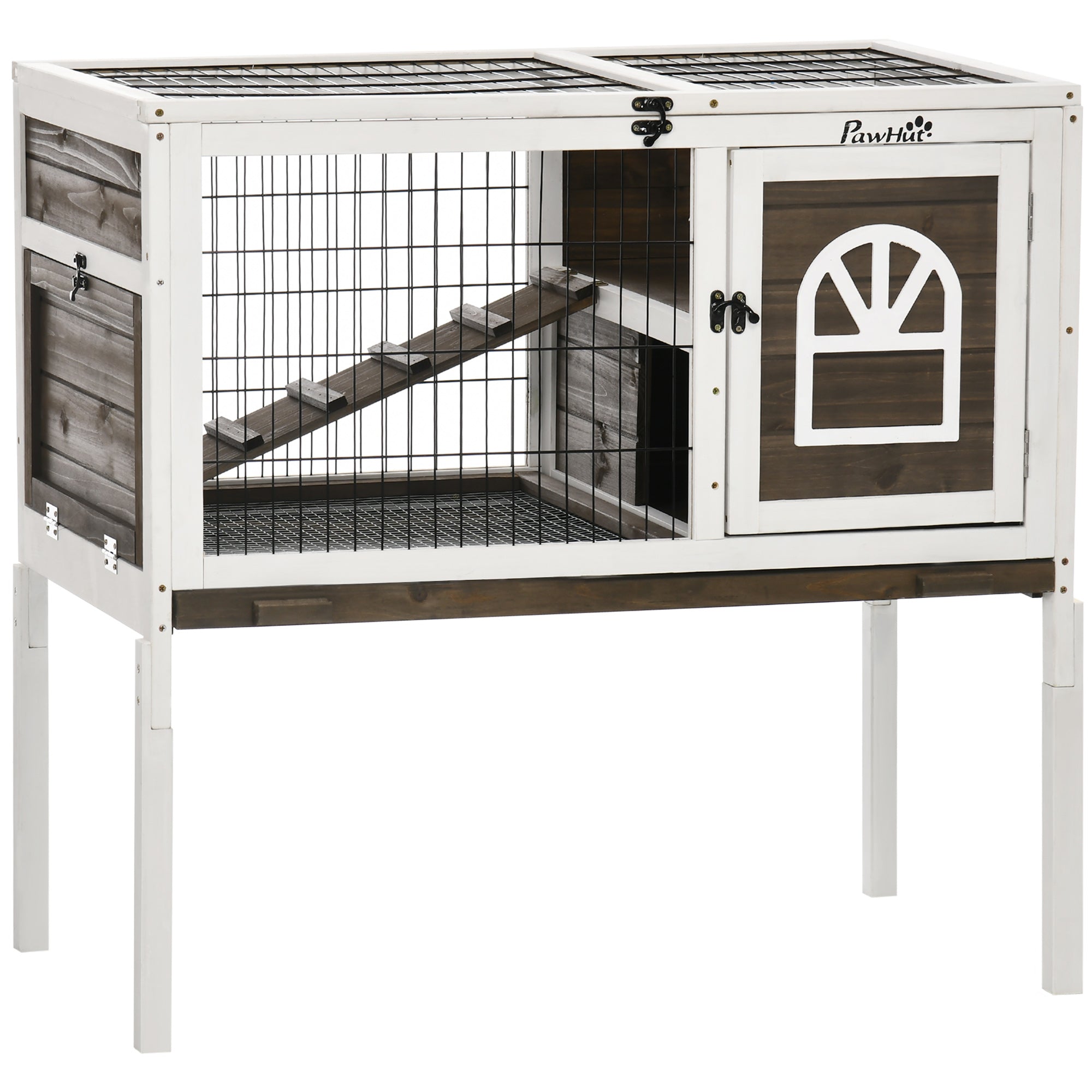 Clapier à lapins cage lapin intérieur, avec bac amovible, 2 portes verrouillables, échelle, 90 x 53 x 87 cm, café