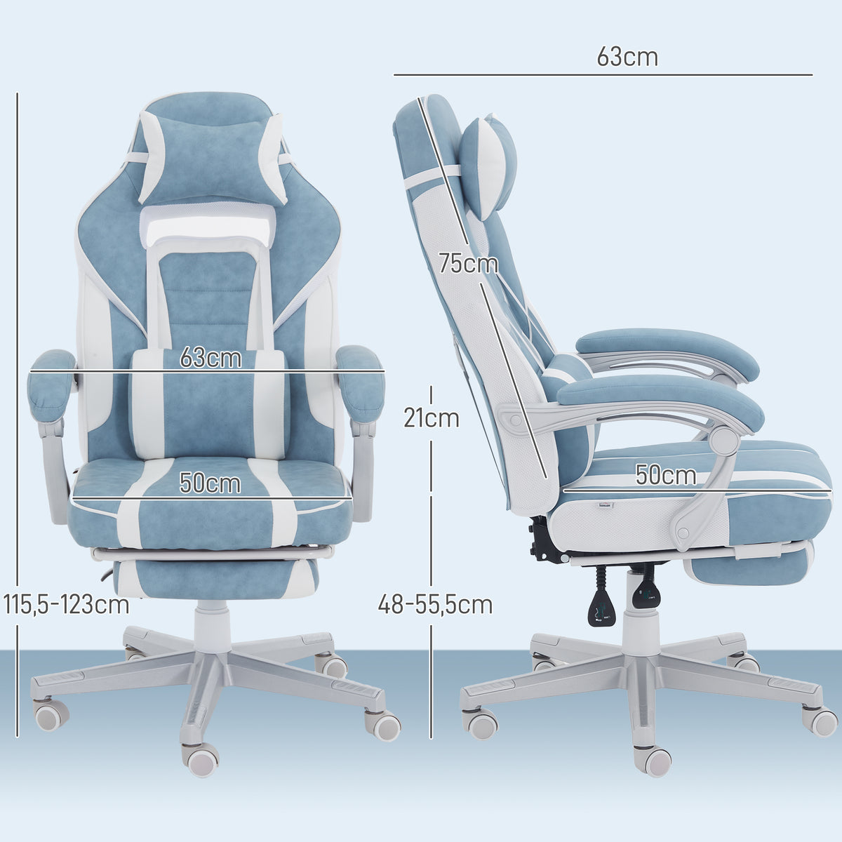 Chaise gaming, fauteuil gaming ergonomique avec repose-pieds, hauteur réglable, dossier inclinable, 63x63x123cm, bleu
