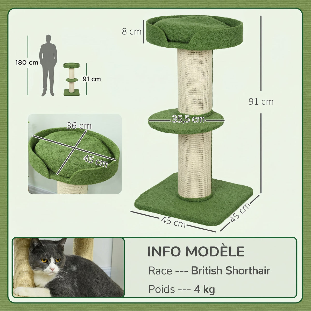 Arbre à Chat avec Griffoir, Centre d'Activités, Plateformes, Coussin, 45 x 45 x 91 cm, Vert et Beige