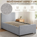 Lit gigogne 90 x 190 cm, cadre de lit simple/double avec sommier à lattes en bois, tête et pied rembourrés, gris clair