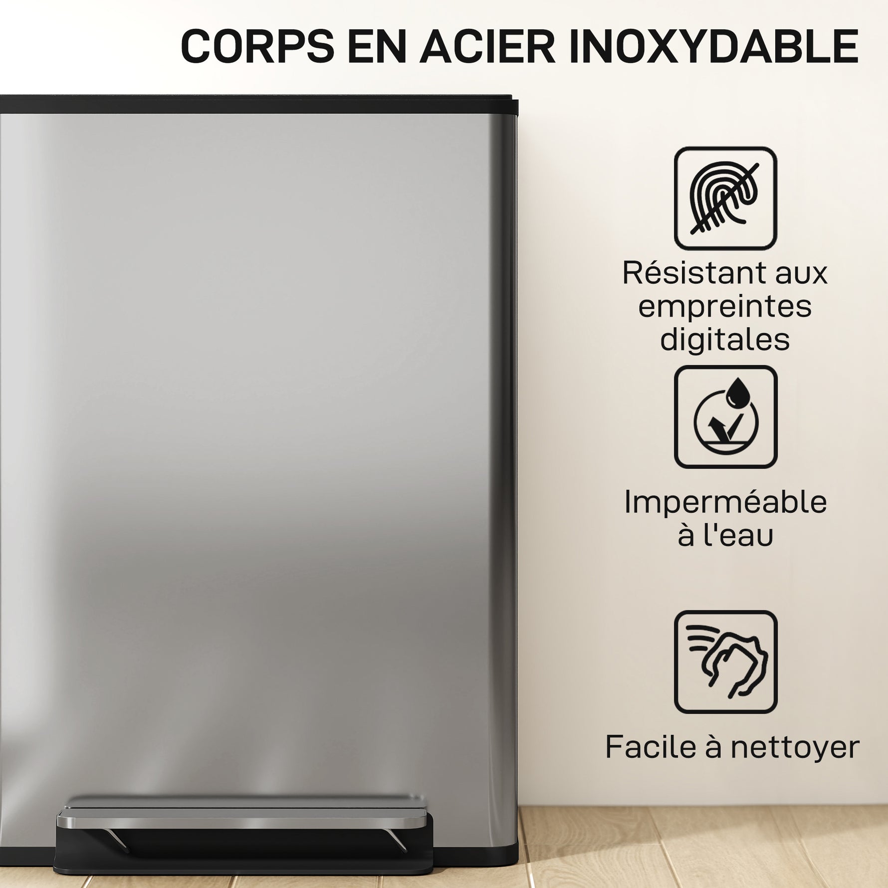 Poubelle à double compartiment 2 x 30L, poubelle cuisine à pédale, couvercle à fermeture douce, 47,5x37,5x67cm, argent