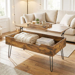 Table Basse Relevable en Bois avec Grand Rangement Caché, Hauteur Réglable, 95 x 50 x 40 cm, Marron Rustique