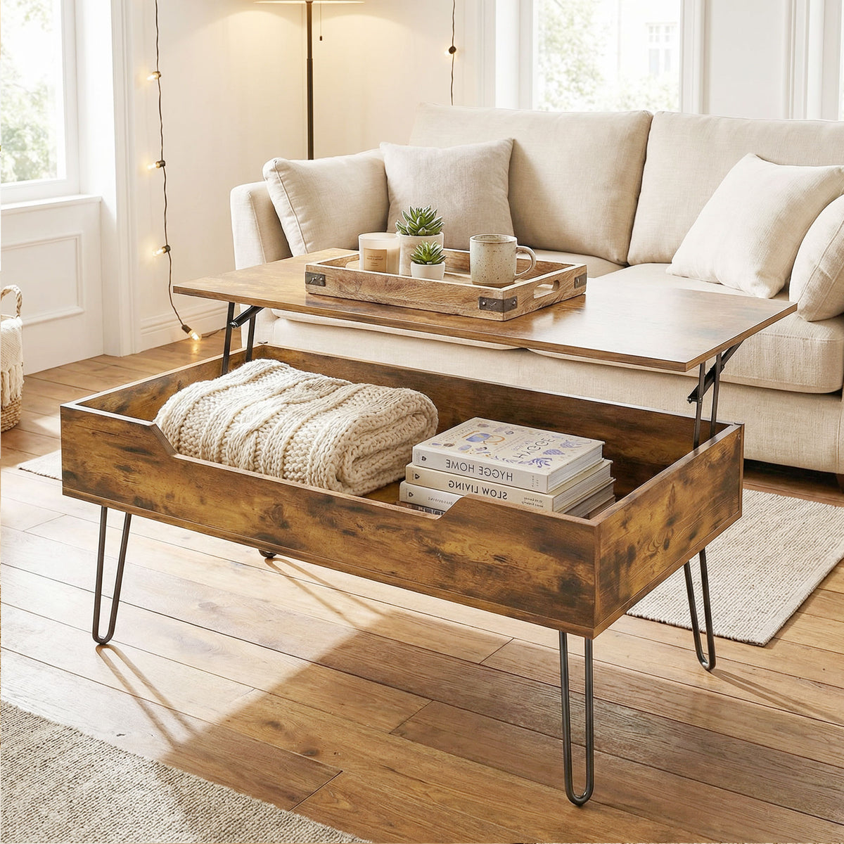 Table Basse Relevable en Bois avec Grand Rangement Caché, Hauteur Réglable, 95 x 50 x 40 cm, Marron Rustique