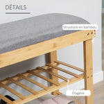 Meuble à Chaussures Banc à Chaussures 2 étagères Coussin Gris intégré Bambou