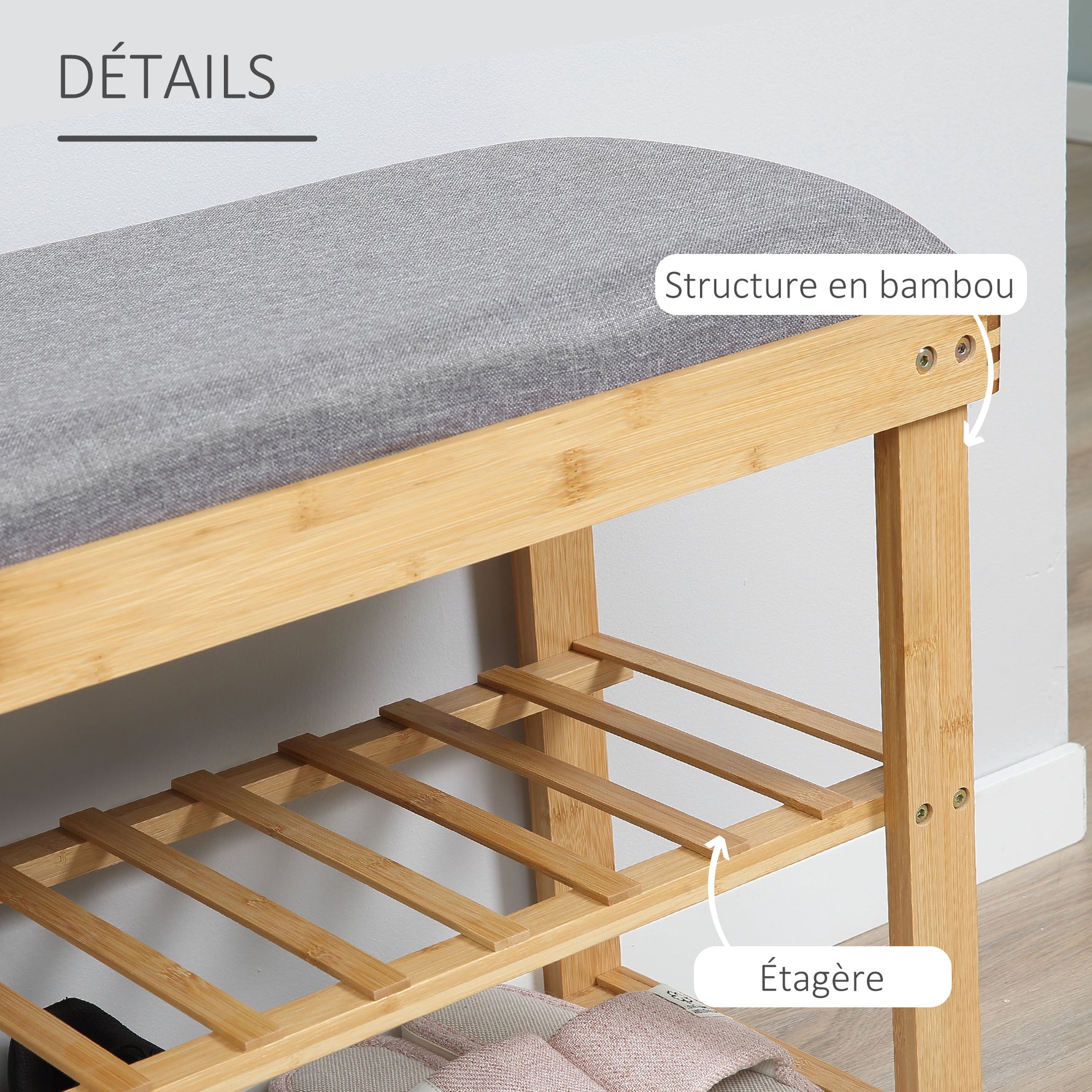 Meuble à Chaussures Banc à Chaussures 2 étagères Coussin Gris intégré Bambou