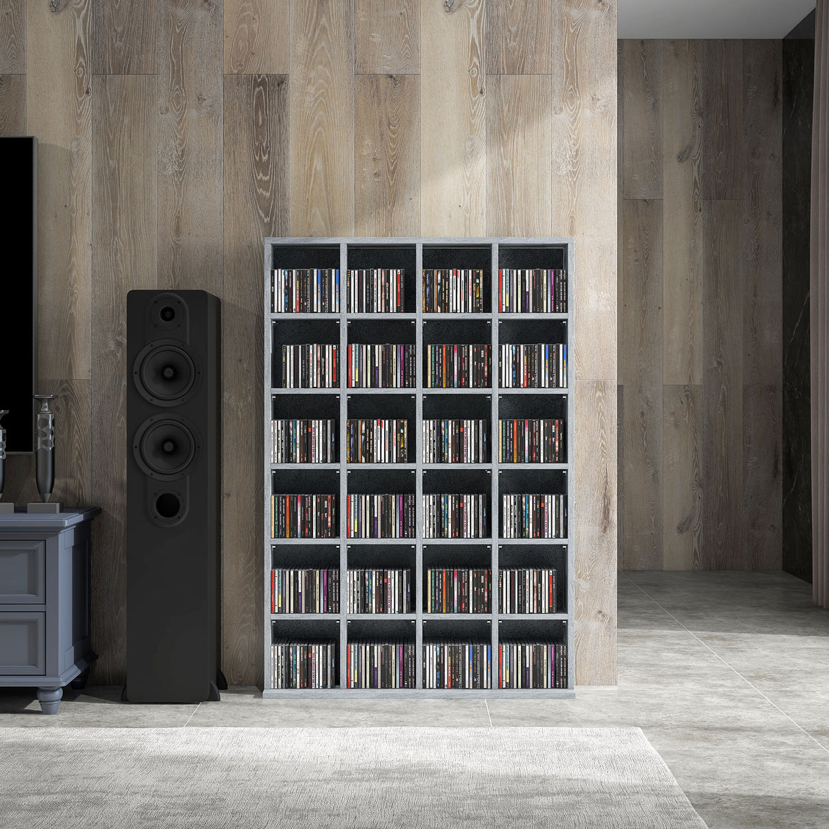 Multimedia-Aufbewahrungsmöbel für 456 CDs / 336 DVDs – Holzregal mit verstellbaren Einlegeböden, 89 x 130,5 cm, grau