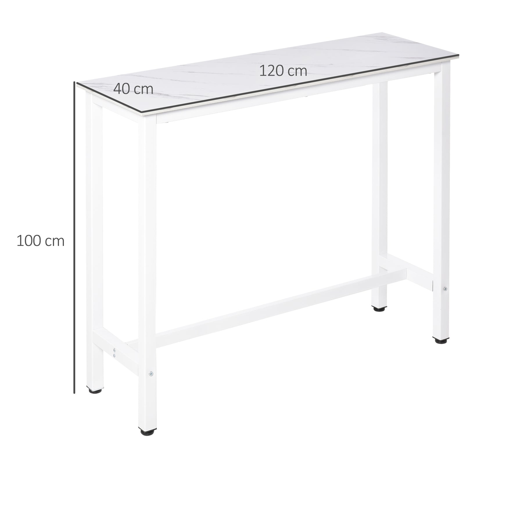 Table de bar table haute de cuisine mange-debout 120 x 40 x 100 cm châssis piètement acier, plateau aspect marbre blanc