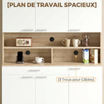 Buffet haut cuisine, armoire de cuisine, 6 portes, tiroir et étagères ouvertes, 120x40x175cm, blanc et bois naturel