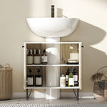 Meuble sous lavabo, meuble de salle de bain avec 2 portes, pieds en acier, 60 x 30 x 60 cm, blanc et bois naturel