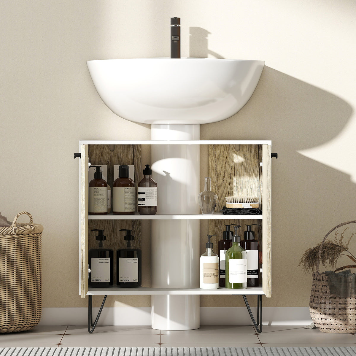 Meuble sous lavabo, meuble de salle de bain avec 2 portes, pieds en acier, 60 x 30 x 60 cm, blanc et bois naturel