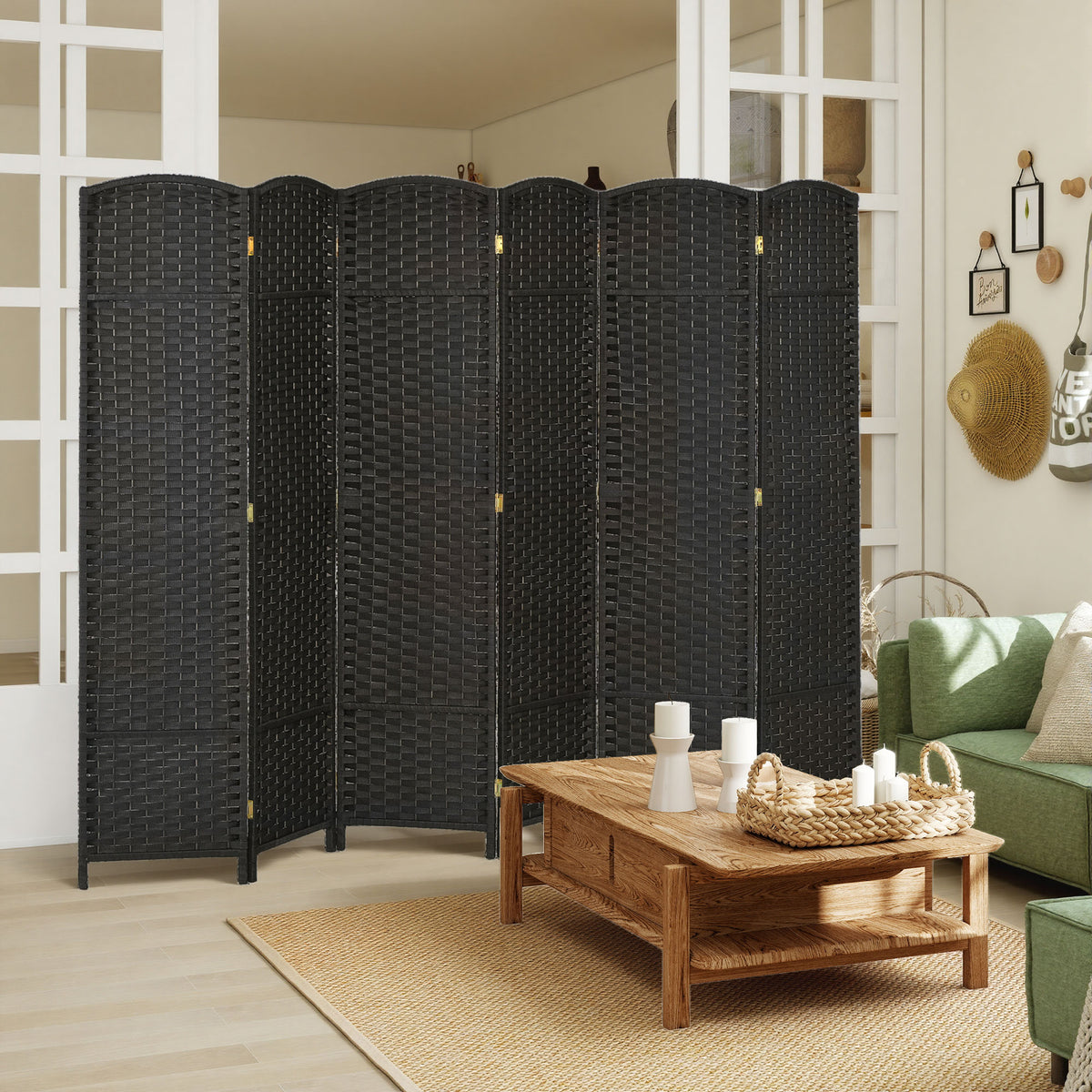 Paravent interieur en bois 6 panneaux 240 x 170 cm séparateur de pièce pliable pour salon, chambre à coucher, naturel