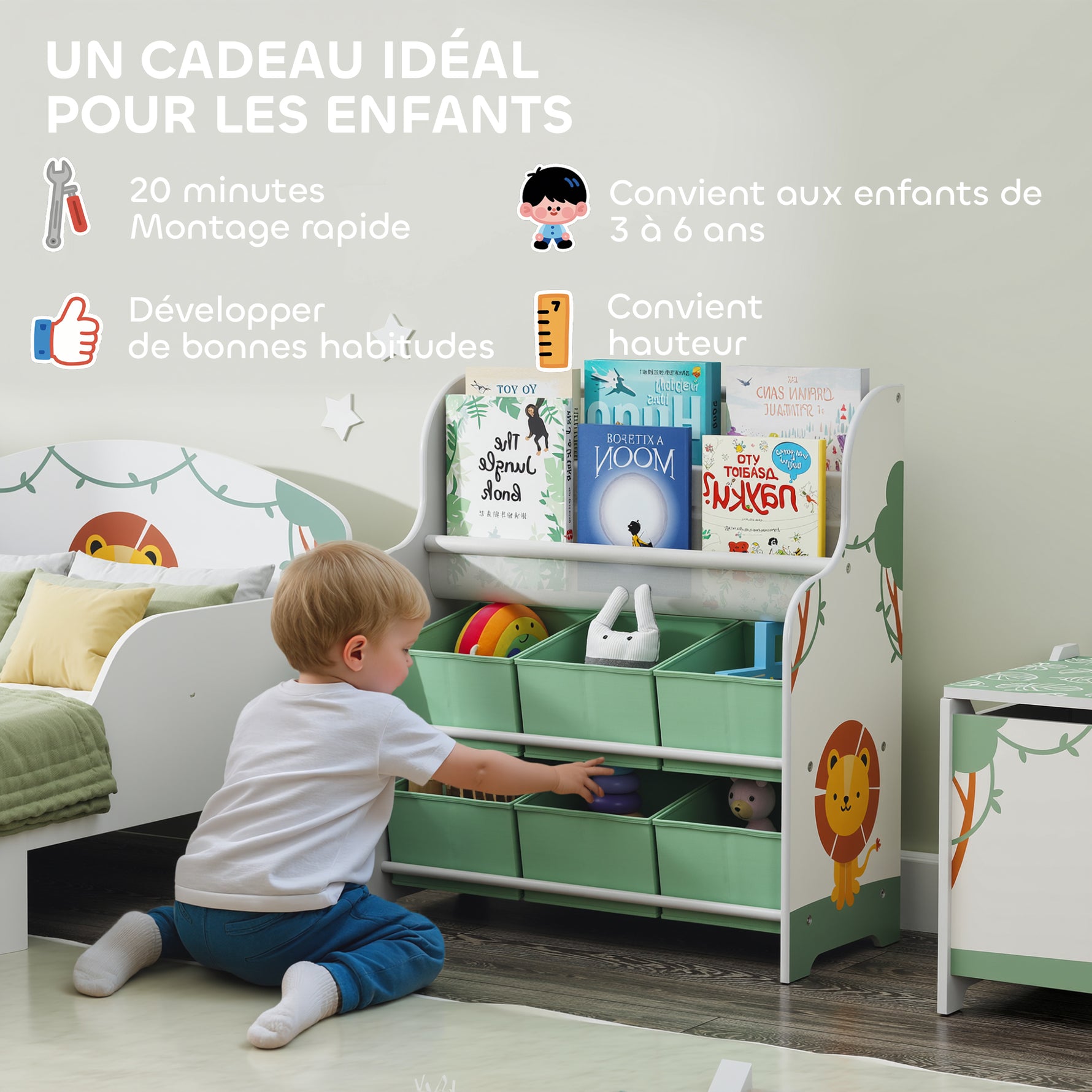 Meuble rangement enfant, rangement jouet enfant, 6 tiroirs en tissu et étagère à deux niveaux, 63x30x71cm, vert