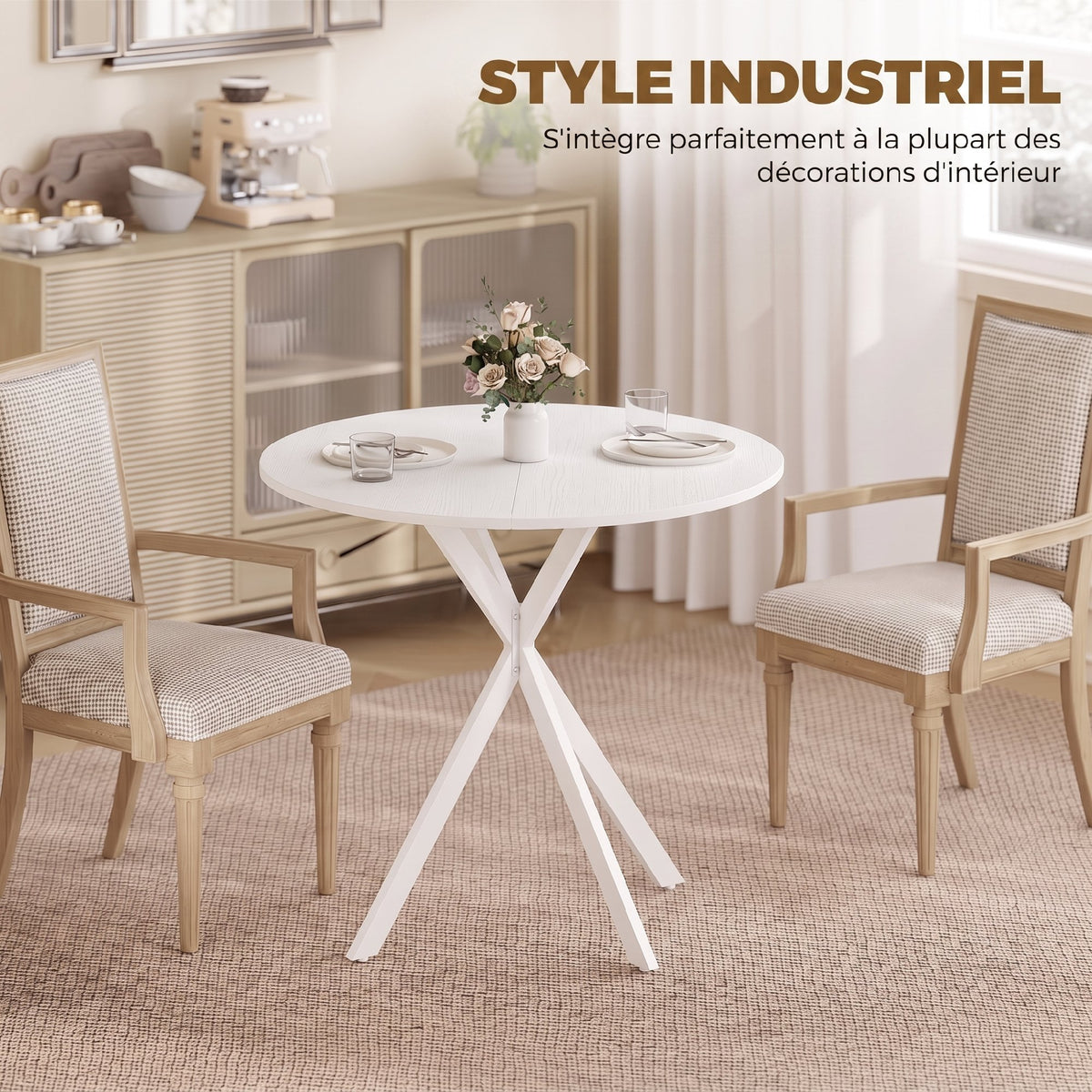 Ronde eettafel voor 2 personen met blad in houtlook en gekruist stalen onderstel, wit