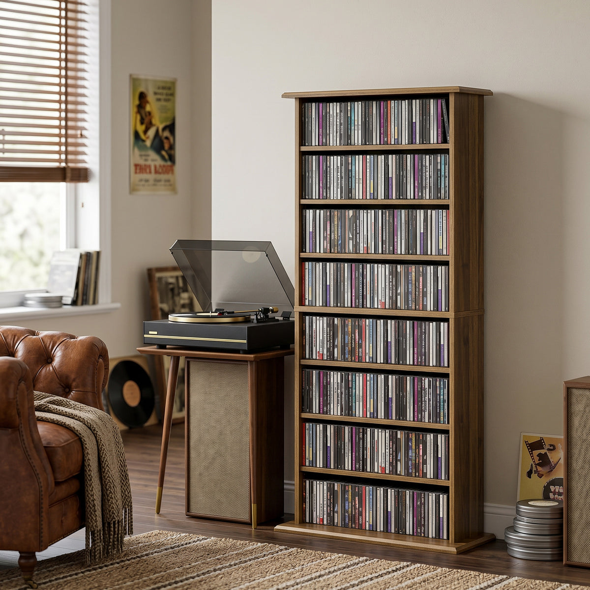 Rangements pour CD et DVD avec 8 compartiments et 6 étagères réglables, capacité max. 360 CD/185 DVD et Blu-ray, noyer