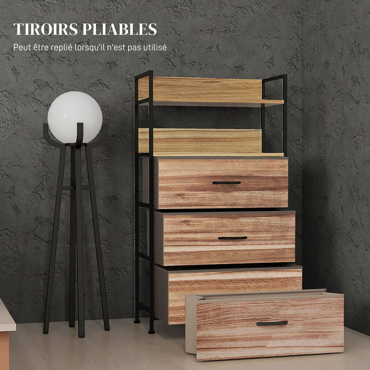 Meuble de rangement style industriel commode 3 tiroirs en tissu amovibles et 2 étagères - 60 x 29 x 101cm - MDF et métal