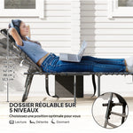 Bain de soleil pliante dossier réglable sur 5 niveaux, plateau, appuie-tête, poche latérale 60 x 190 x 31 cm, noir