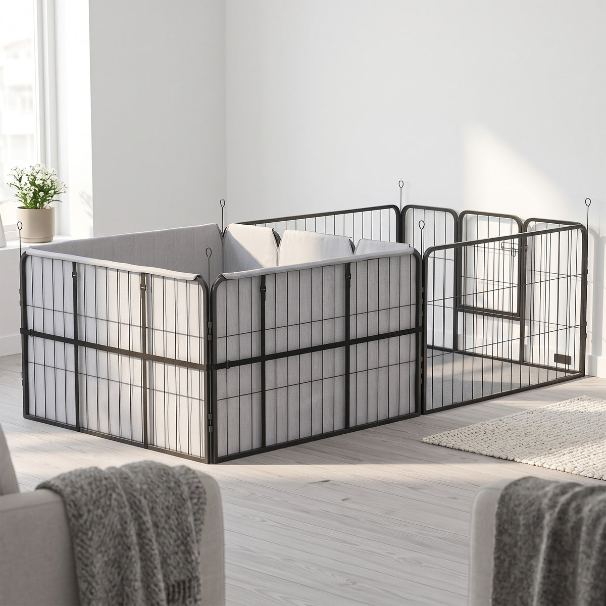 Parc de Mise Bas pour Chien 2 Compartiments Séparés avec Toile Oxford Coupe-Vent 7 Panneaux 203x102x60cm Noir