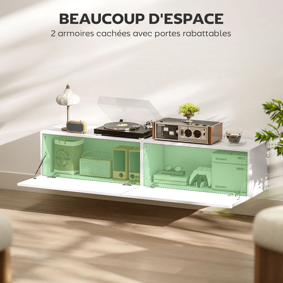 Meuble TV suspendu pour téléviseur jusqu'à 45 55 65 pouces avec 2 placards à portes, 140 x 33 x 29,8 cm, blanc