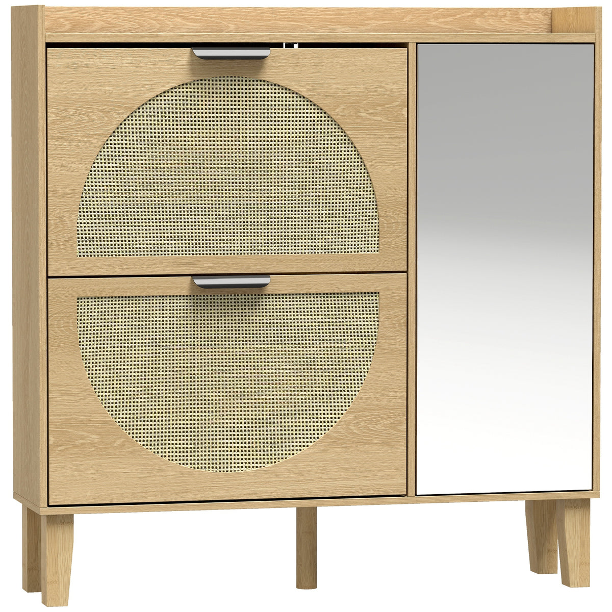 Meuble à Chaussures 10 Paires, Armoire à Chaussures, Porte en Miroir, 2 Tiroirs Rabattables et Étagères Réglables, Chêne