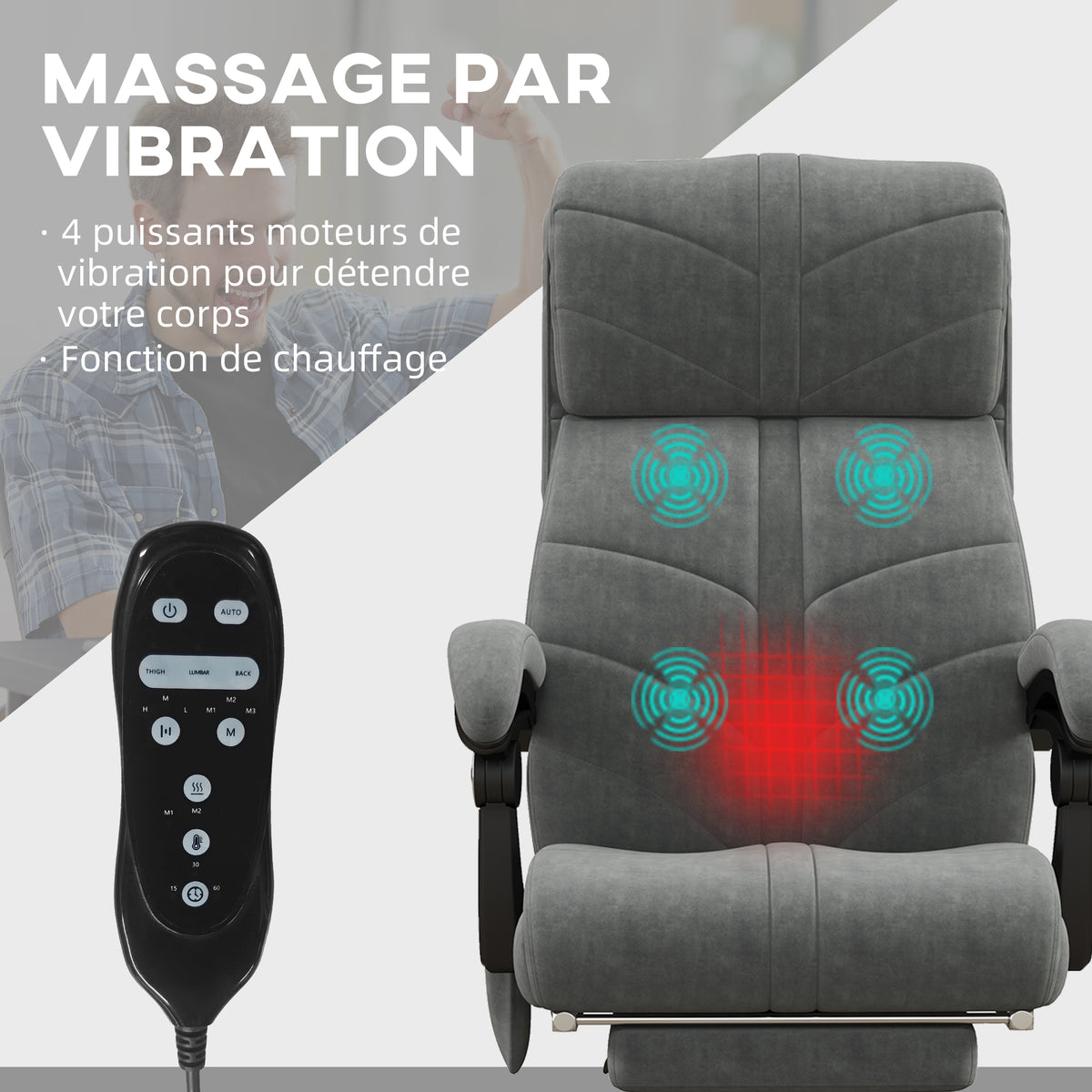 Fauteuil chaise de bureau massant chauffant inclinable avec repose-pieds intégré 5 roulettes gris