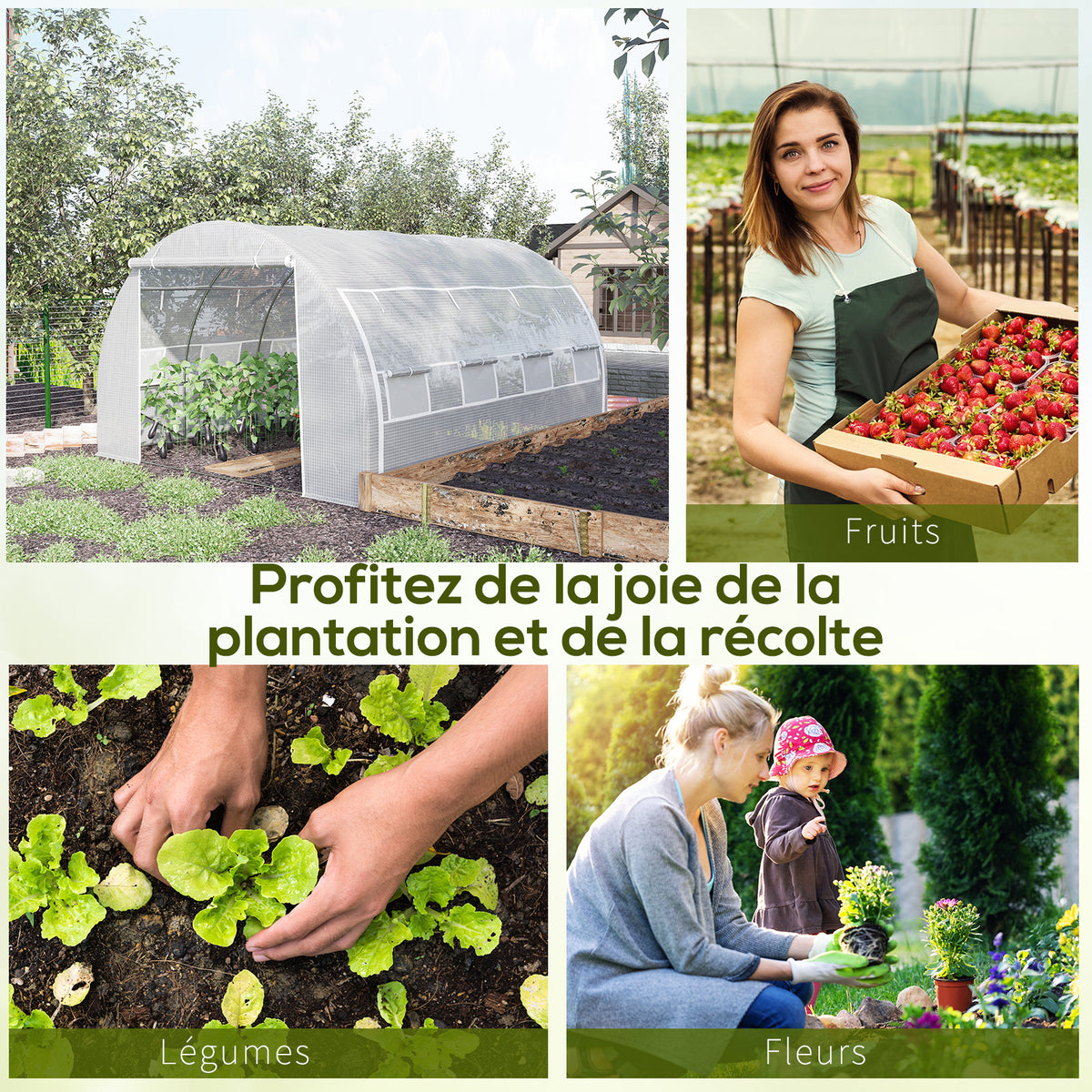 Serre de jardin serre tunnel 12 m² avec porte, parois latérales enroulables 8 fenêtres acier PE  4 x 3 x 2 m blanc