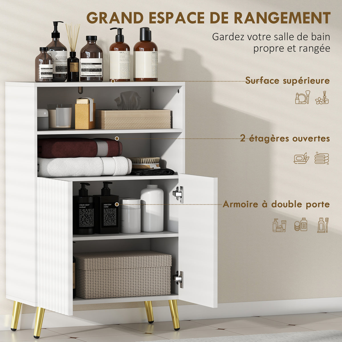 Meuble salle de bain, armoire salle de bain étroit 5 niveaux, portes cannelées à fermeture douce 60 x 31,8 x 93 cm blanc