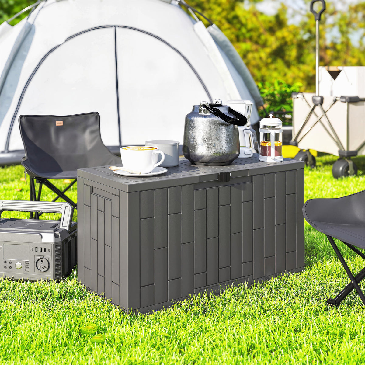 227 L Lockable Outdoor Storage Box with Gas Spring, Wood Look, 106.5x43x54.5cm, Gray