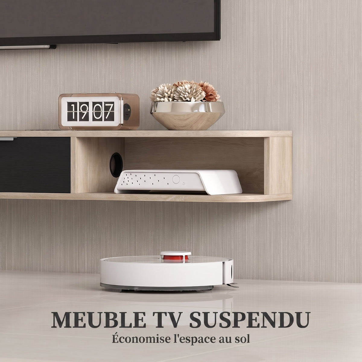 Meuble TV suspendu, meuble télé pour téléviseur jusqu'à 75 pouces, tiroir rabattable 2 étagères 180x24x16cm bois naturel