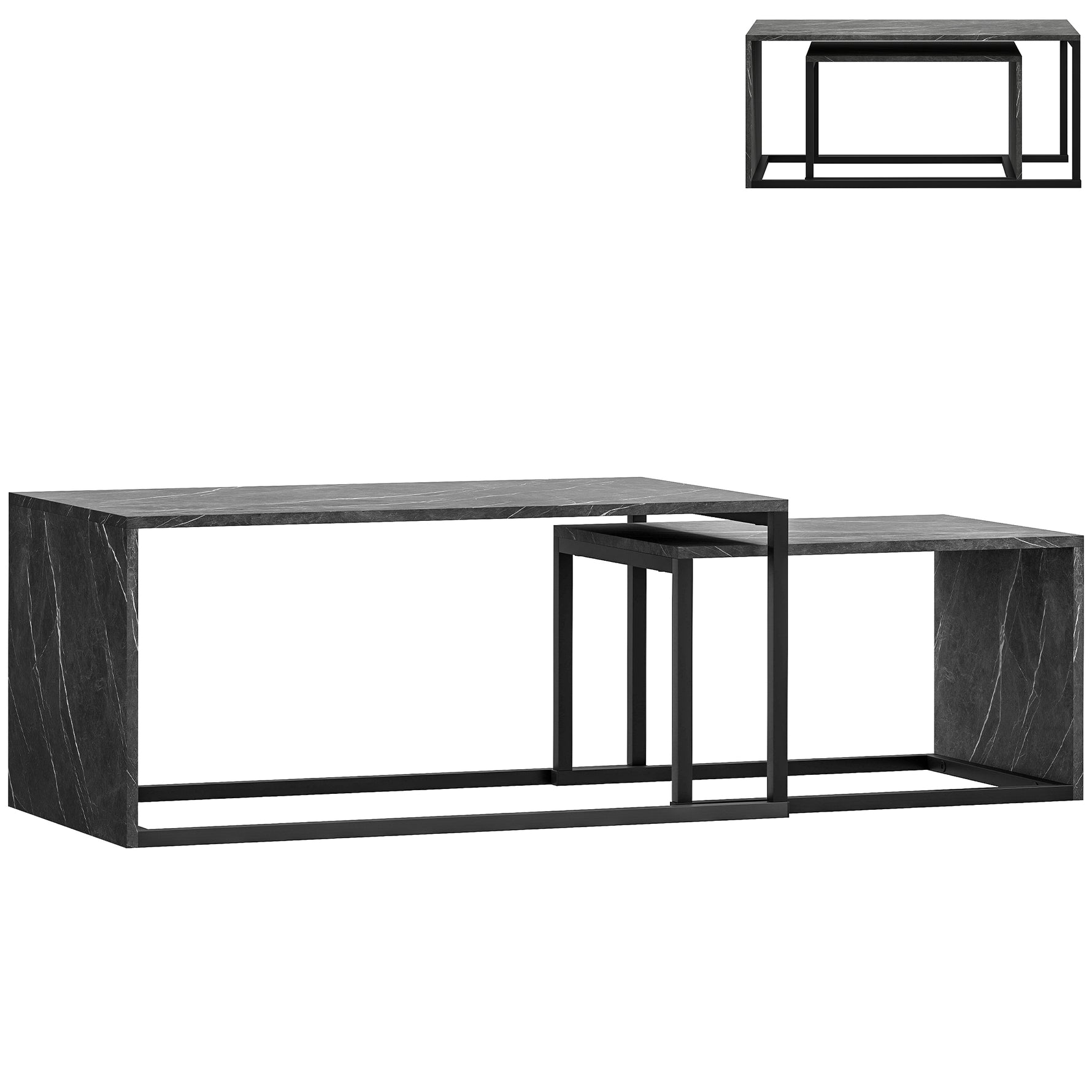 Lot de 2 tables basses gigognes design industriel encastrable en métal noir et effet marbre gris foncé