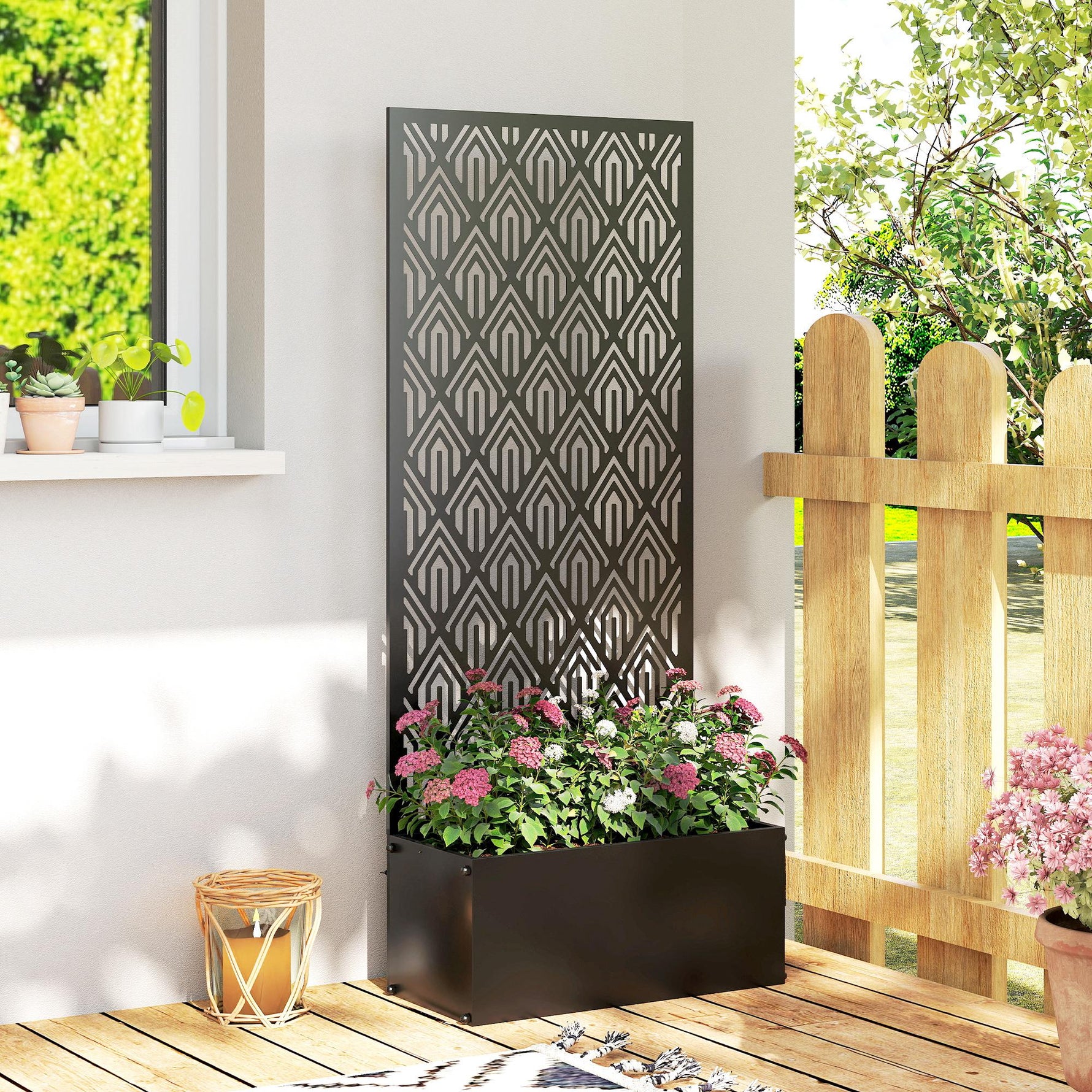 Jardinière avec treillis, bac à fleurs, avec brise-vue, pour plantes grimpantes, métal, 45 x 21,5 x 110 cm, noir