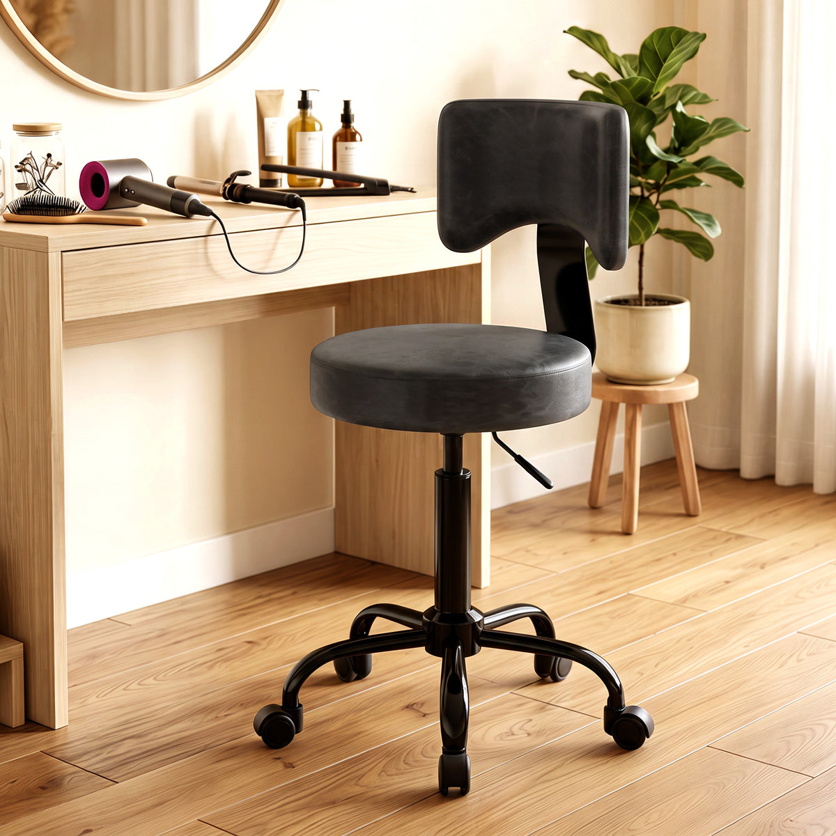 Tabouret à Roulettes, Hauteur Réglable 72-87,5cm, Tabouret de Massage Assise et Dossier Rembourrés, Pivotant 360°, Noir