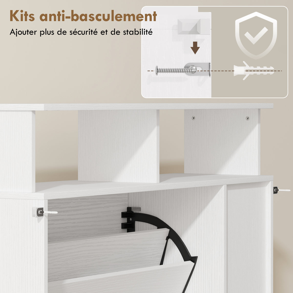 Meuble à chaussures, armoire à chaussures, 2 tiroirs rabattables, compartiments ouverts et étagère réglable, blanc