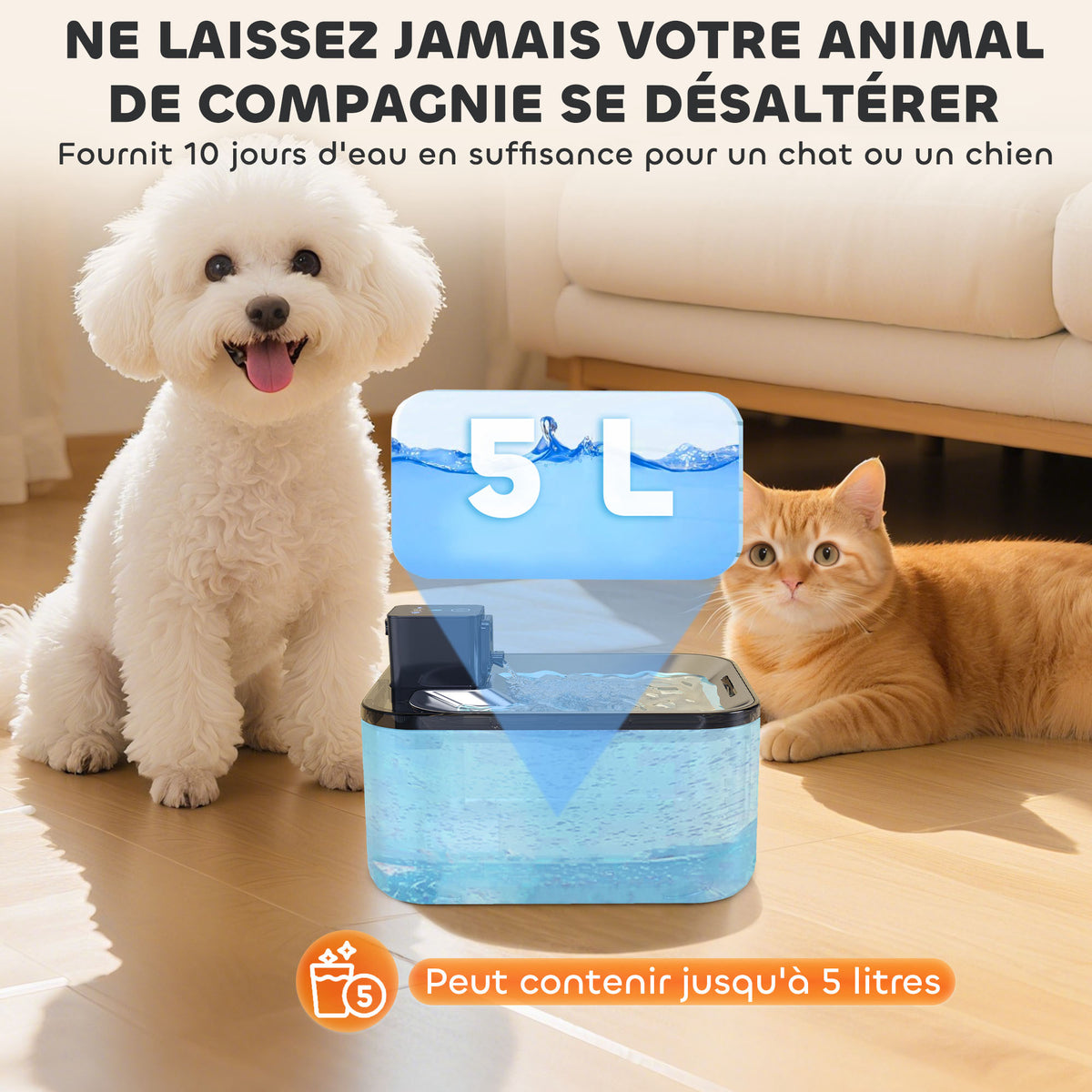Fontaine à eau pour chat automatique en inox 5L, silencieuse, distributeur eau chat 3-étapes filtre chargeur USB, argent