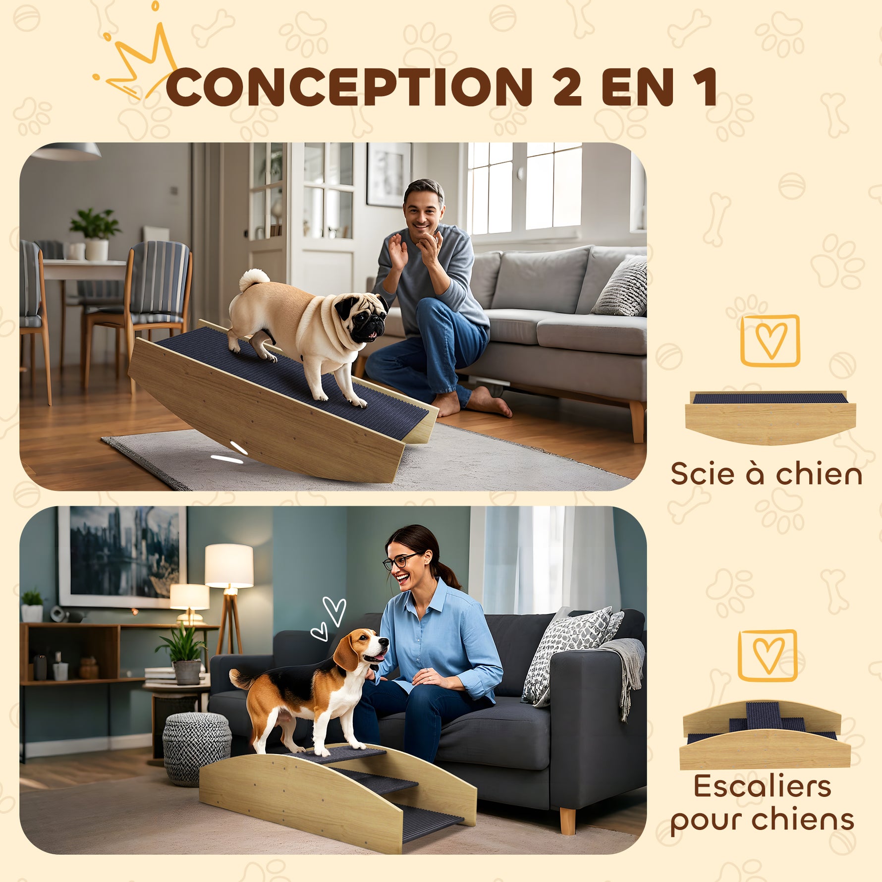 Bascule Chien Agility Réversible 2-en-1 Escalier pour Chien 3 Marches en Bois 80x39,5x20cm, Bois Naturel