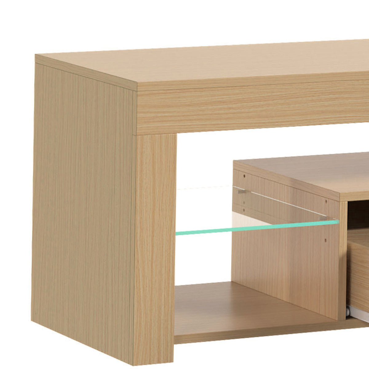 Meuble TV 140 cm, Meuble Télé pour 65 Pouces avec Étagères en Verre Réglables, Tiroir et Compartiments Ouverts, Chêne