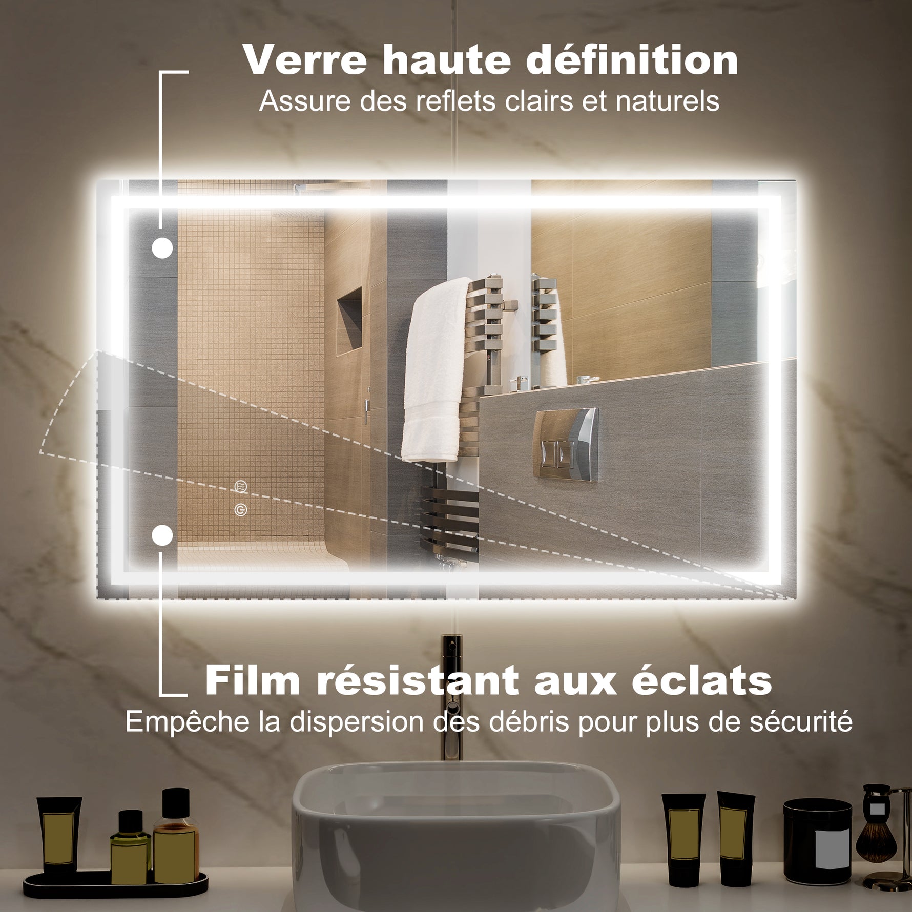 Miroir salle de bain éclairage LED miroir lumineux salle de bain mural interrupteur tactile lumière 3 couleurs 100 x 60 cm