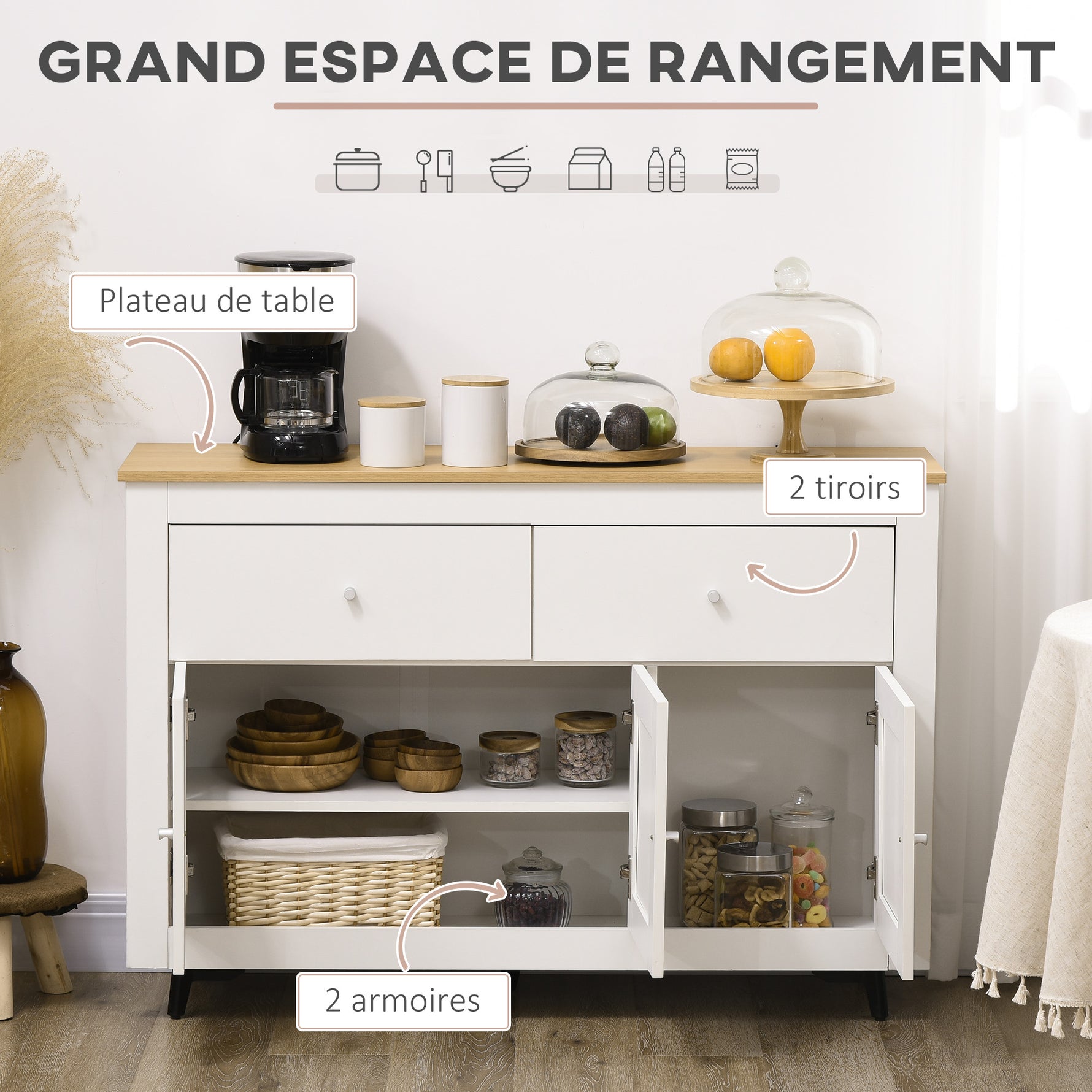 Buffet cuisine avec 2 tiroirs 3 portes et étagère réglable, pour cuisine, salle à manger, salon, 117 x 35 x 80 cm, blanc