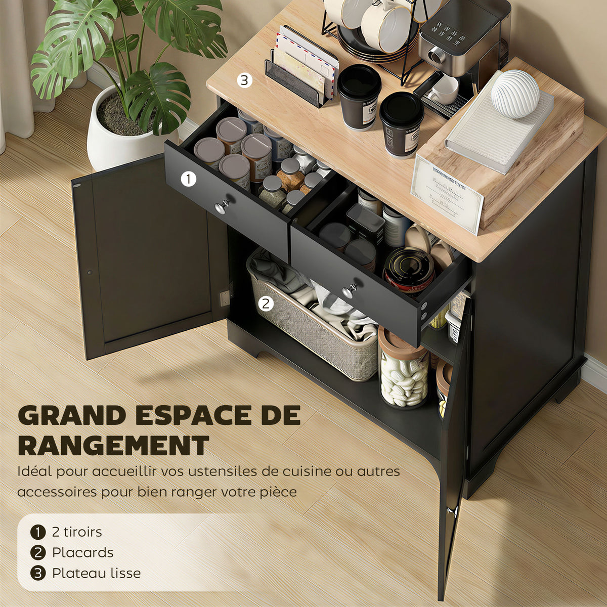 Meuble de rangement buffet salon avec placards, 2 tiroirs et étagères réglables, 68x40,3x85cm, noir et bois naturel