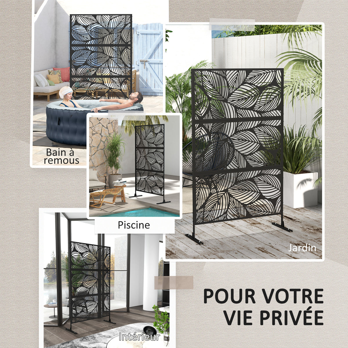 Panneau brise vue décoratif paravent extérieur noir à motif végétal en acier - 122 x 45 x 198 cm, noir