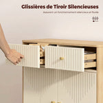 Buffet, meuble de rangement cannelé avec plateau effet chêne, 2 tiroirs, 2 portes, étagère réglable, 77x30x80cm, crème