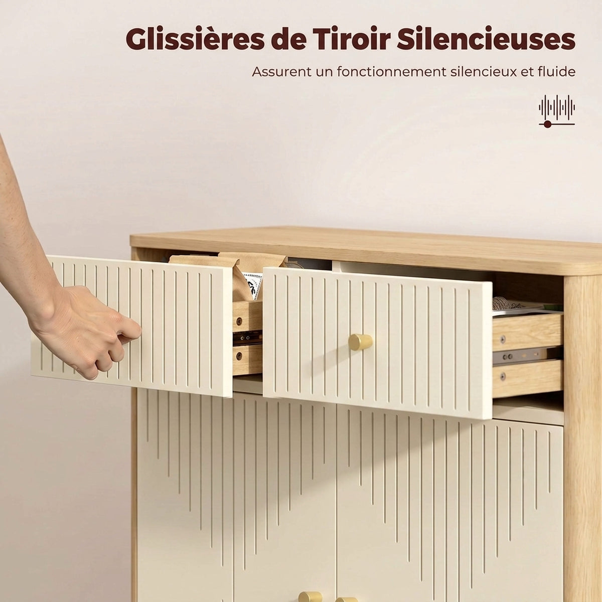 Buffet, meuble de rangement cannelé avec plateau effet chêne, 2 tiroirs, 2 portes, étagère réglable, 77x30x80cm, crème