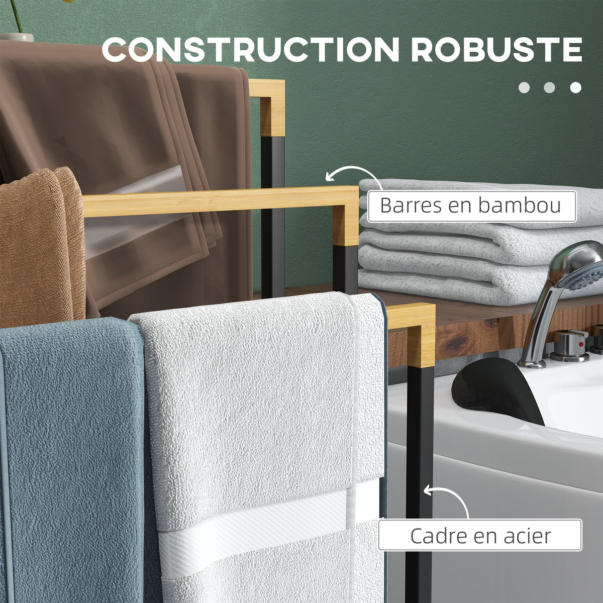 Porte-serviettes en bambou et acier sur pieds avec 3 barres support pour serviette 45 x 22,5 x 86 cm noir et naturel