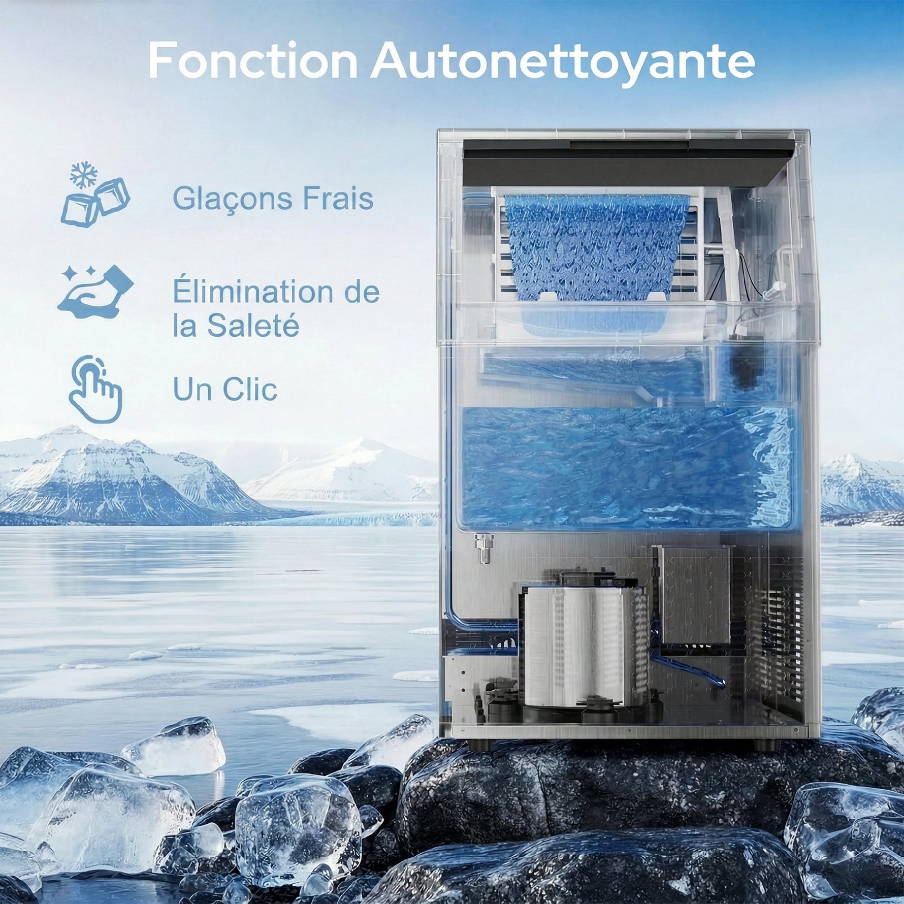 Machine à glaçons commerciale 36 kg/24h, acier inoxydable, ice maker, capacité 5,5 kg, 36 cubes par 10 minutes,