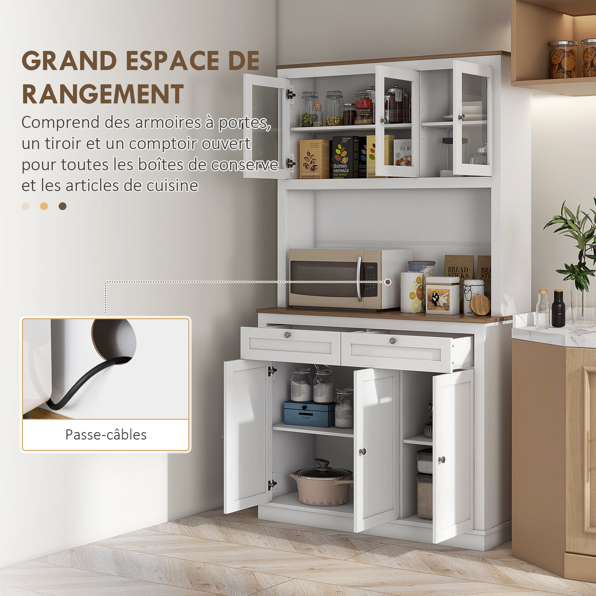 Buffet haut cuisine, armoire de cuisine, 6 portes, 2 tiroirs, plan de travail, étagères réglables, 100x40x180cm, blanc
