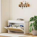 Banc à chaussures, banc de rangement, assise rembourrée, tiroir rabattable, porte en rotin, 80 x 26 x 47,5 cm, blanc