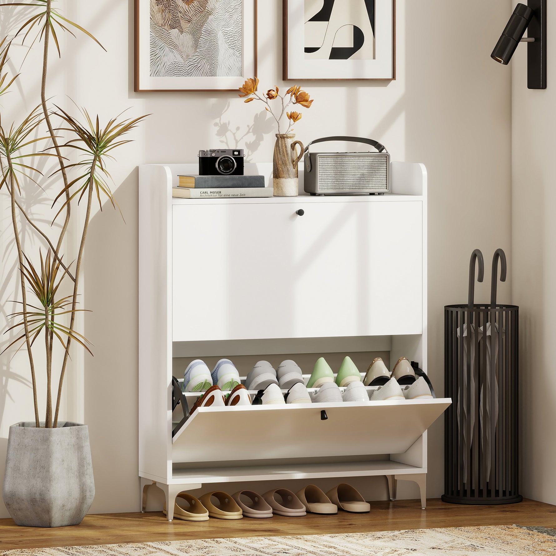 Meuble à chaussures 16 paires, armoire à chaussures avec 2 tiroirs rabattables, étagères réglables, 80x24x101cm, blanc