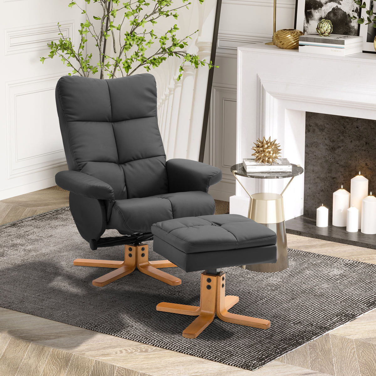 Fauteuil relax avec repose-pied, fauteuil de relaxation en PU, pivotant à 360°, dossier inclinable, assise et dossier rembourrés, rangement caché, pour salon, chambre, home cinéma, noir