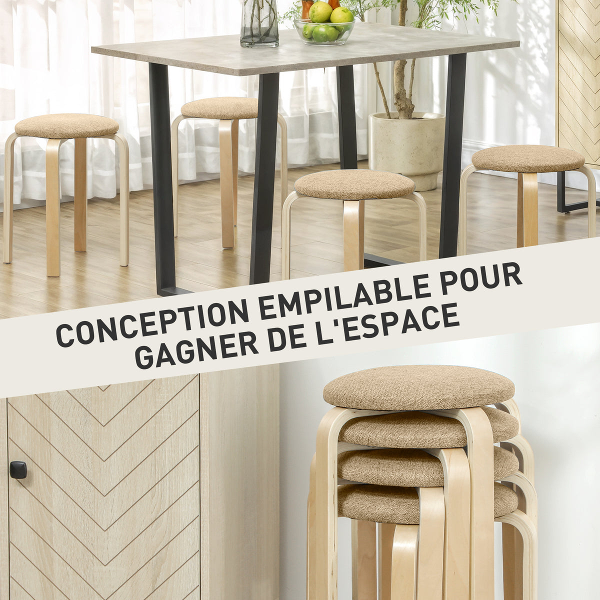 Ensemble de 4 Tabourets Empilables Modernes, Tabourets Ronds sans Dossier avec Assise Rembourrée, 40 x 40 x 45 cm, Kaki
